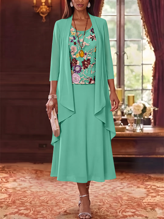 2 Pieces A-Line/Princess Scoop Chiffon Mother of the Bride Dresses Lace Embroidery 3/4 Sleeves Tea-Length