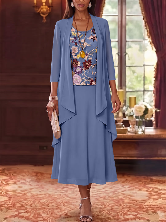 2 Pieces A-Line/Princess Scoop Chiffon Mother of the Bride Dresses Lace Embroidery 3/4 Sleeves Tea-Length