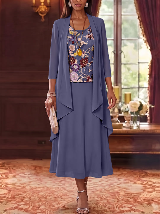 2 Pieces A-Line/Princess Scoop Chiffon Mother of the Bride Dresses Lace Embroidery 3/4 Sleeves Tea-Length