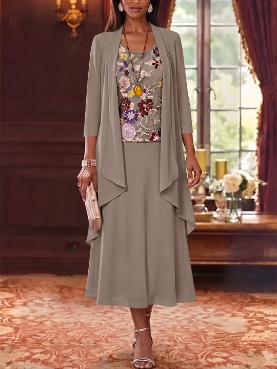 2 Pieces A-Line/Princess Scoop Chiffon Mother of the Bride Dresses Lace Embroidery 3/4 Sleeves Tea-Length