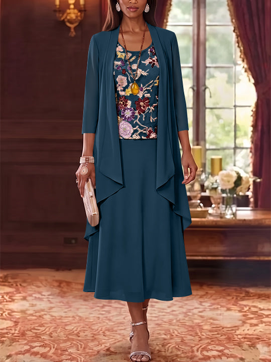 2 Pieces A-Line/Princess Scoop Chiffon Mother of the Bride Dresses Lace Embroidery 3/4 Sleeves Tea-Length