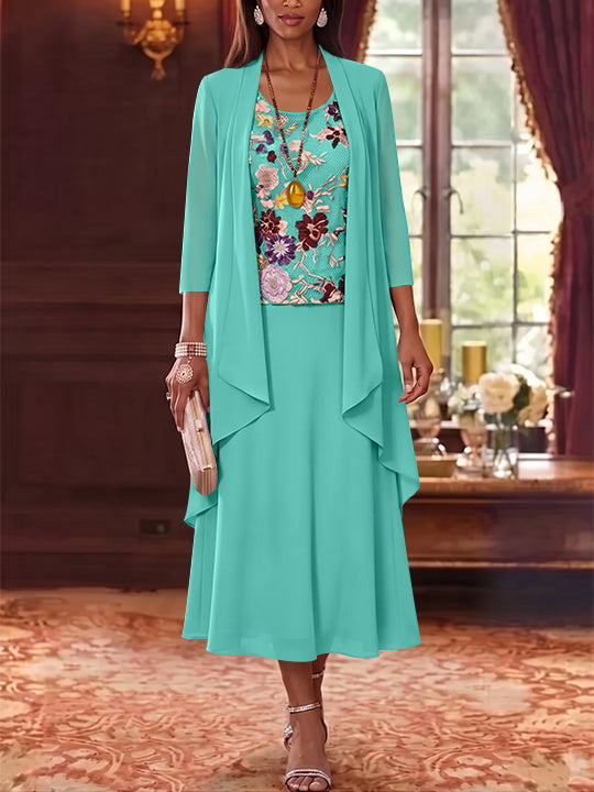 2 Pieces A-Line/Princess Scoop Chiffon Mother of the Bride Dresses Lace Embroidery 3/4 Sleeves Tea-Length