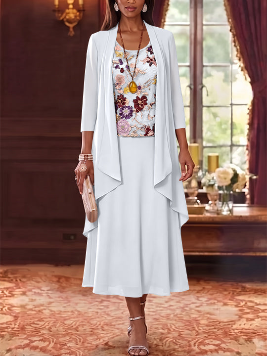 2 Pieces A-Line/Princess Scoop Chiffon Mother of the Bride Dresses Lace Embroidery 3/4 Sleeves Tea-Length