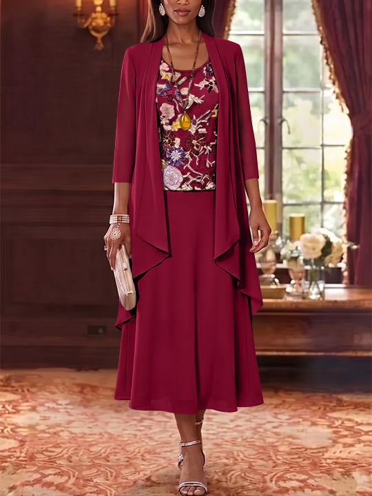 2 Pieces A-Line/Princess Scoop Chiffon Mother of the Bride Dresses Lace Embroidery 3/4 Sleeves Tea-Length