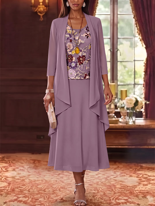 2 Pieces A-Line/Princess Scoop Chiffon Mother of the Bride Dresses Lace Embroidery 3/4 Sleeves Tea-Length