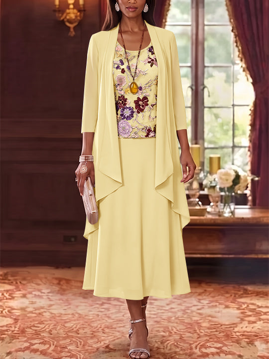 2 Pieces A-Line/Princess Scoop Chiffon Mother of the Bride Dresses Lace Embroidery 3/4 Sleeves Tea-Length