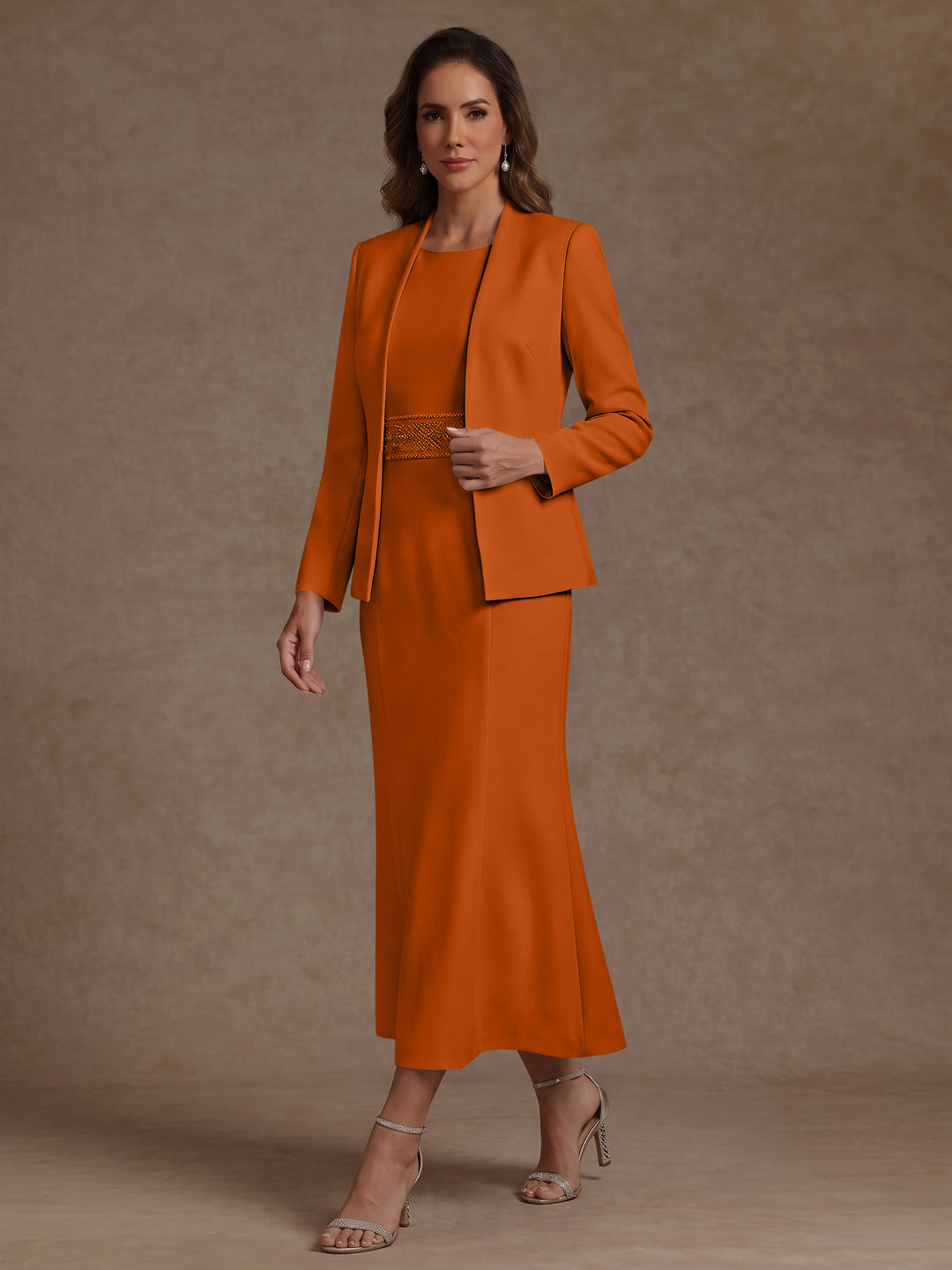 2 Pieces Sheath/Column Scoop Stretch Satin Mother of the Bride Dresses with Jacket Long Sleeves Tea-Length Sash