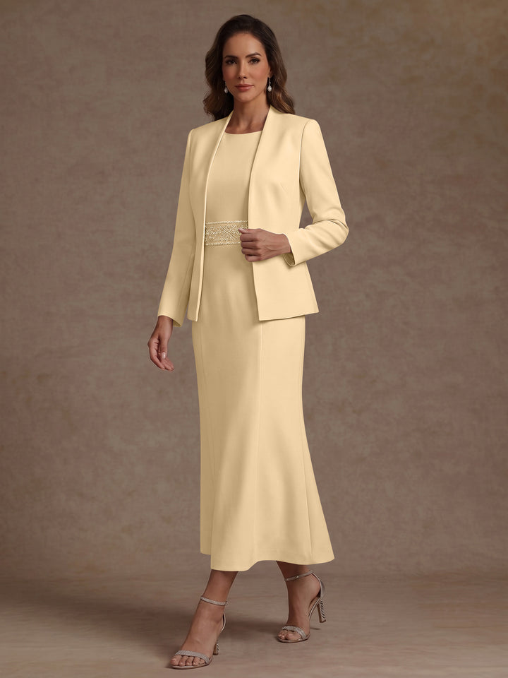 2 Pieces Sheath/Column Scoop Stretch Satin Mother of the Bride Dresses with Jacket Long Sleeves Tea-Length Sash