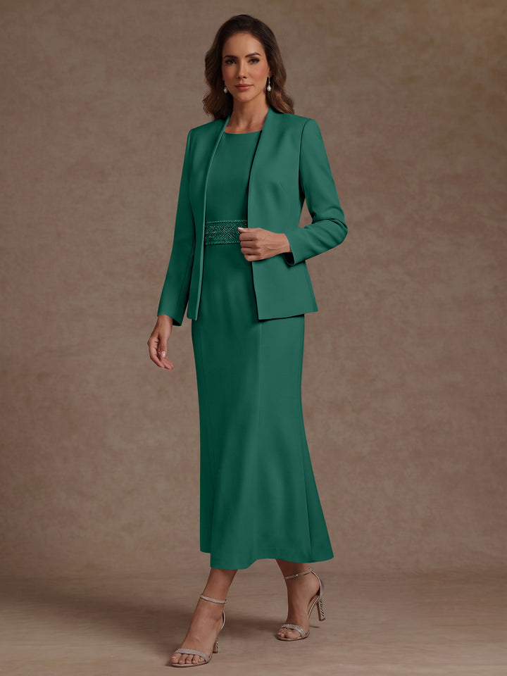 2 Pieces Sheath/Column Scoop Stretch Satin Mother of the Bride Dresses with Jacket Long Sleeves Tea-Length Sash