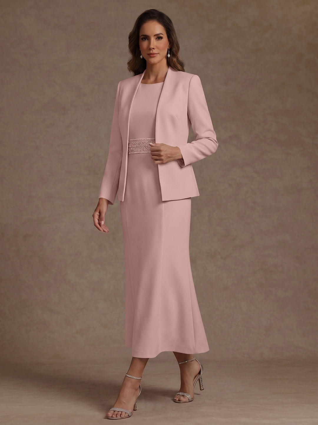 2 Pieces Sheath/Column Scoop Stretch Satin Mother of the Bride Dresses with Jacket Long Sleeves Tea-Length Sash
