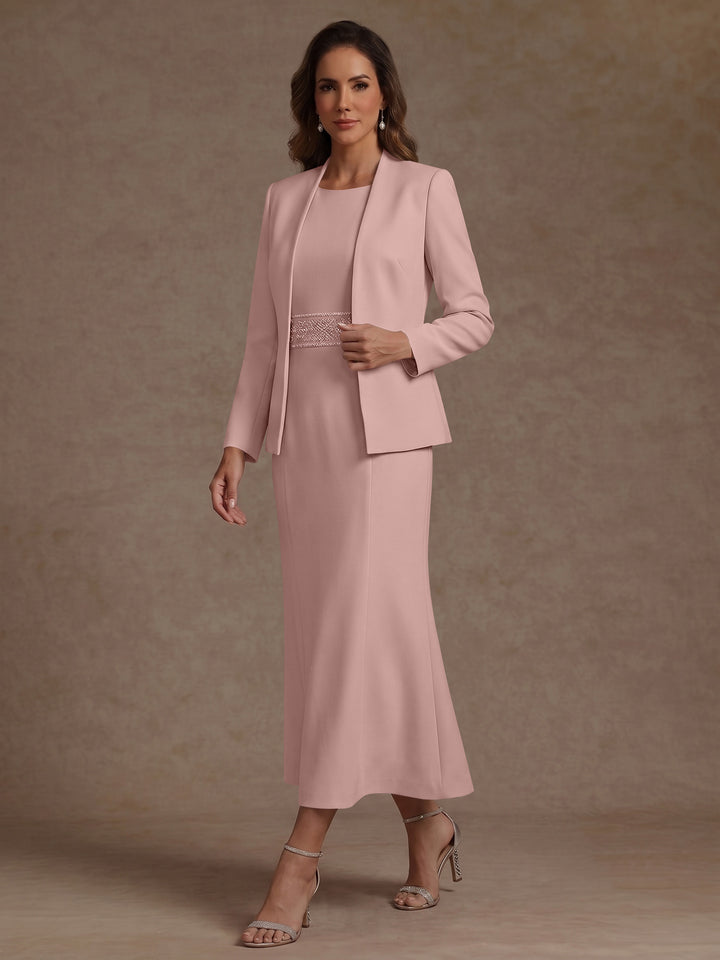 2 Pieces Sheath/Column Scoop Stretch Satin Mother of the Bride Dresses with Jacket Long Sleeves Tea-Length Sash
