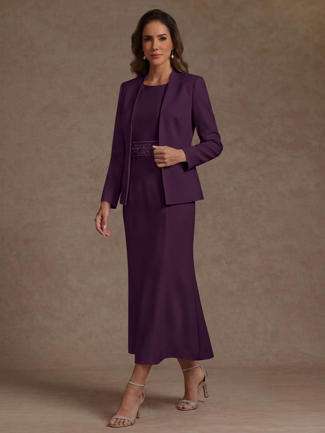 2 Pieces Sheath/Column Scoop Stretch Satin Mother of the Bride Dresses with Jacket Long Sleeves Tea-Length Sash