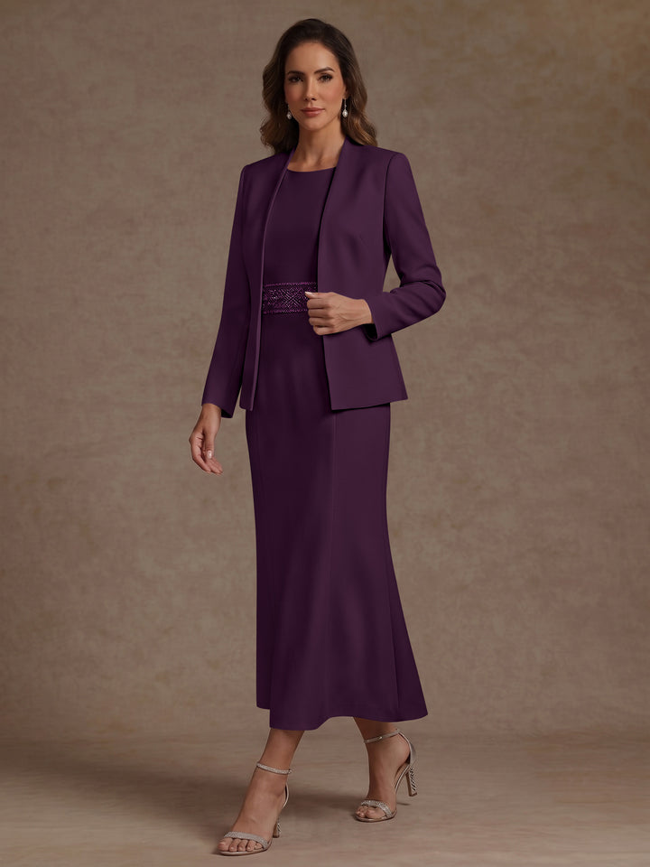 2 Pieces Sheath/Column Scoop Stretch Satin Mother of the Bride Dresses with Jacket Long Sleeves Tea-Length Sash