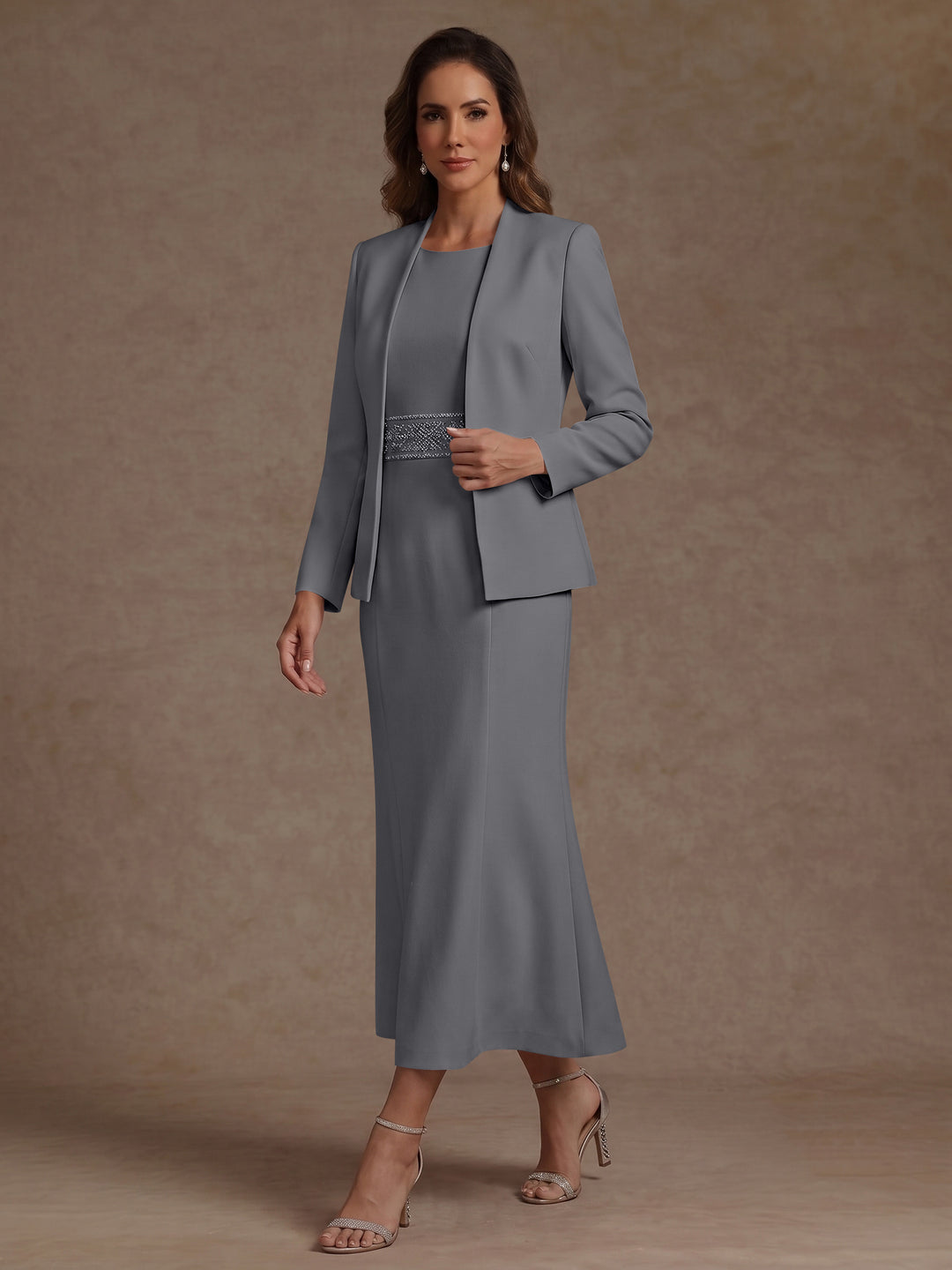 2 Pieces Sheath/Column Scoop Stretch Satin Mother of the Bride Dresses with Jacket Long Sleeves Tea-Length Sash