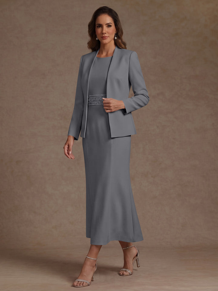 2 Pieces Sheath/Column Scoop Stretch Satin Mother of the Bride Dresses with Jacket Long Sleeves Tea-Length Sash