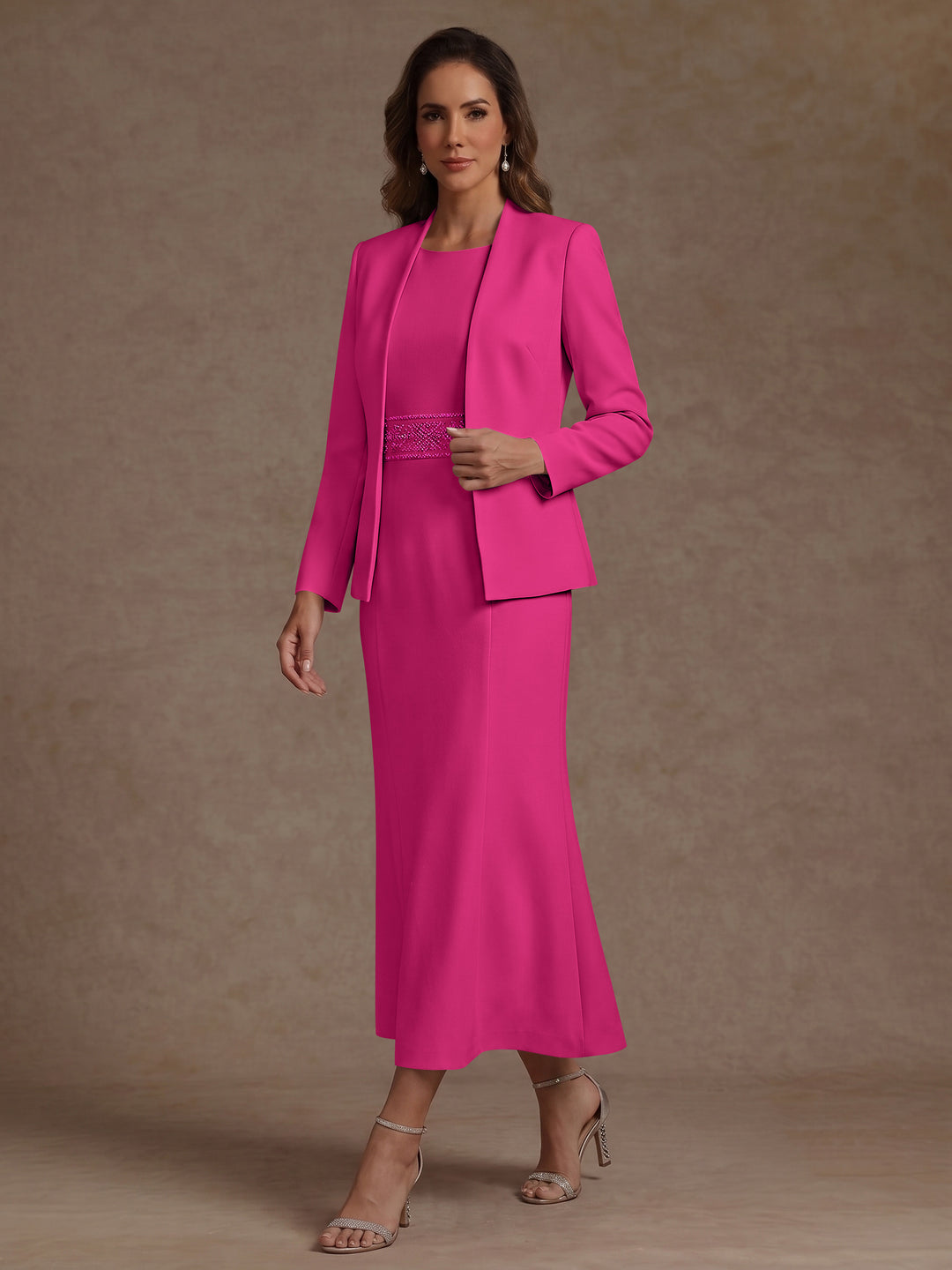 2 Pieces Sheath/Column Scoop Stretch Satin Mother of the Bride Dresses with Jacket Long Sleeves Tea-Length Sash