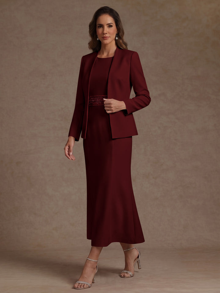 2 Pieces Sheath/Column Scoop Stretch Satin Mother of the Bride Dresses with Jacket Long Sleeves Tea-Length Sash