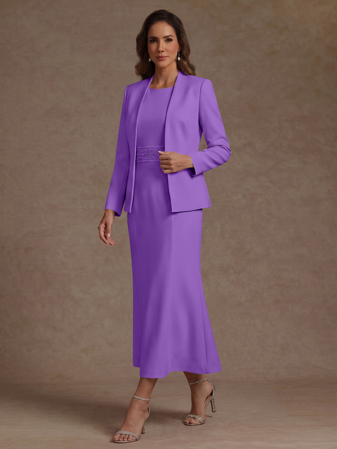 2 Pieces Sheath/Column Scoop Stretch Satin Mother of the Bride Dresses with Jacket Long Sleeves Tea-Length Sash