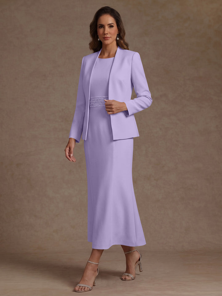 2 Pieces Sheath/Column Scoop Stretch Satin Mother of the Bride Dresses with Jacket Long Sleeves Tea-Length Sash