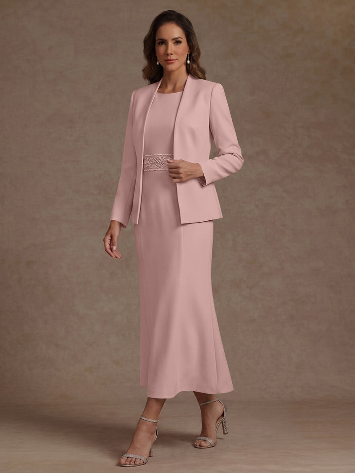 2 Pieces Sheath/Column Scoop Stretch Satin Mother of the Bride Dresses with Jacket Long Sleeves Tea-Length Sash