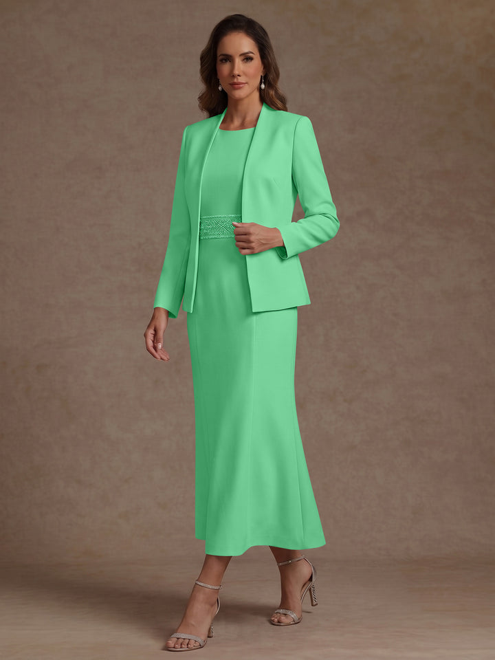 2 Pieces Sheath/Column Scoop Stretch Satin Mother of the Bride Dresses with Jacket Long Sleeves Tea-Length Sash