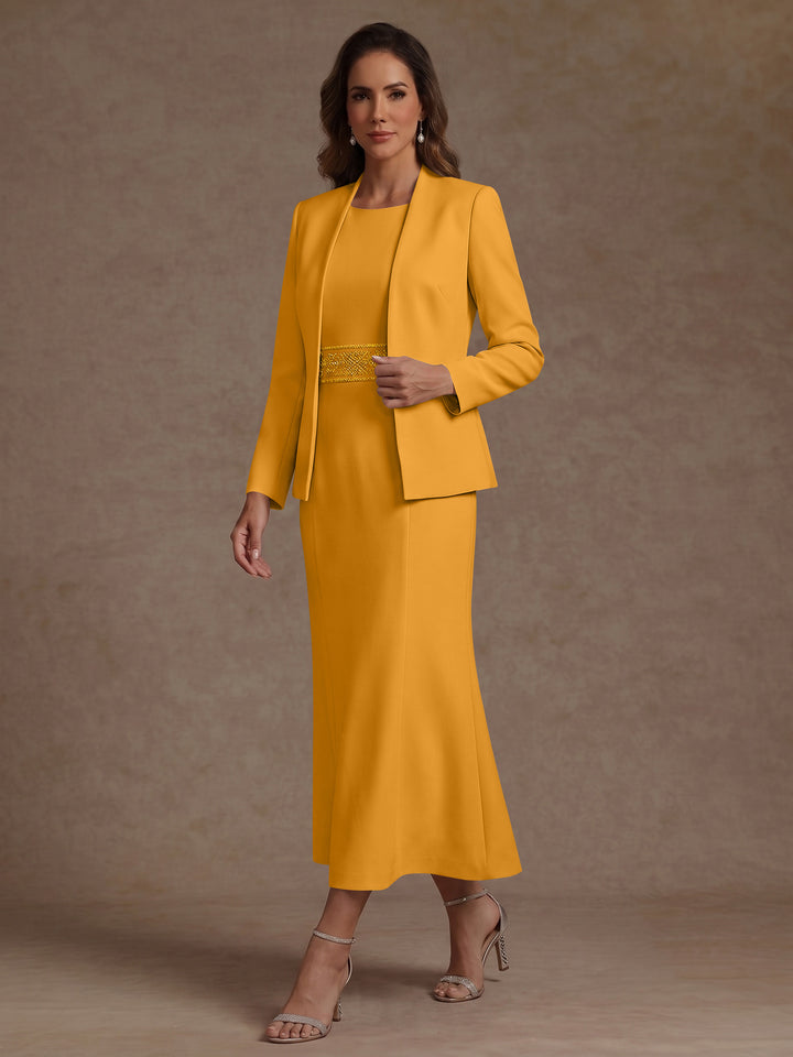 2 Pieces Sheath/Column Scoop Stretch Satin Mother of the Bride Dresses with Jacket Long Sleeves Tea-Length Sash