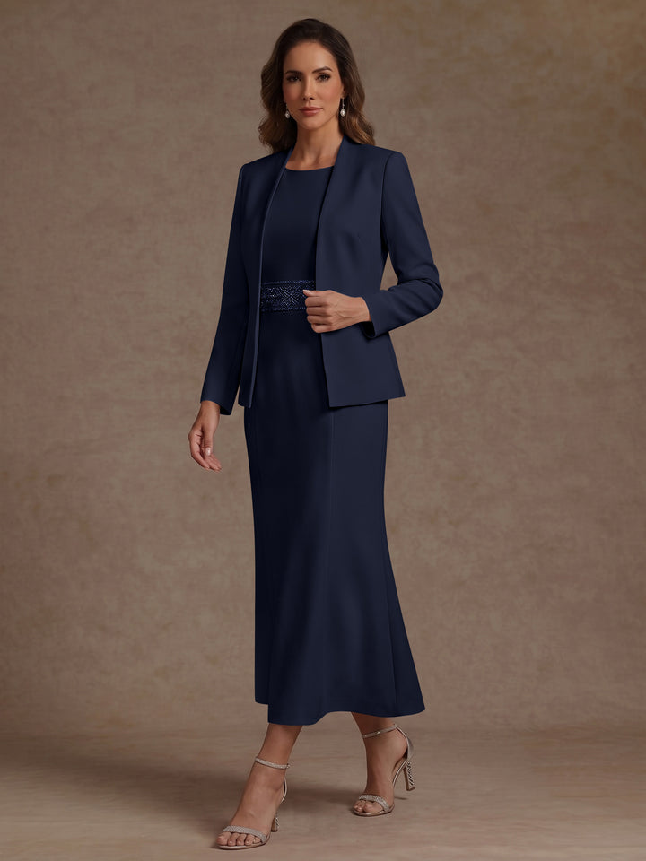 2 Pieces Sheath/Column Scoop Stretch Satin Mother of the Bride Dresses with Jacket Long Sleeves Tea-Length Sash