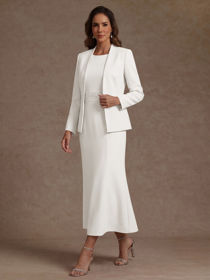 2 Pieces Sheath/Column Scoop Stretch Satin Mother of the Bride Dresses with Jacket Long Sleeves Tea-Length Sash