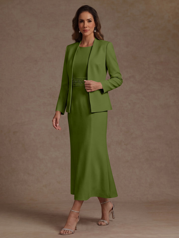 2 Pieces Sheath/Column Scoop Stretch Satin Mother of the Bride Dresses with Jacket Long Sleeves Tea-Length Sash