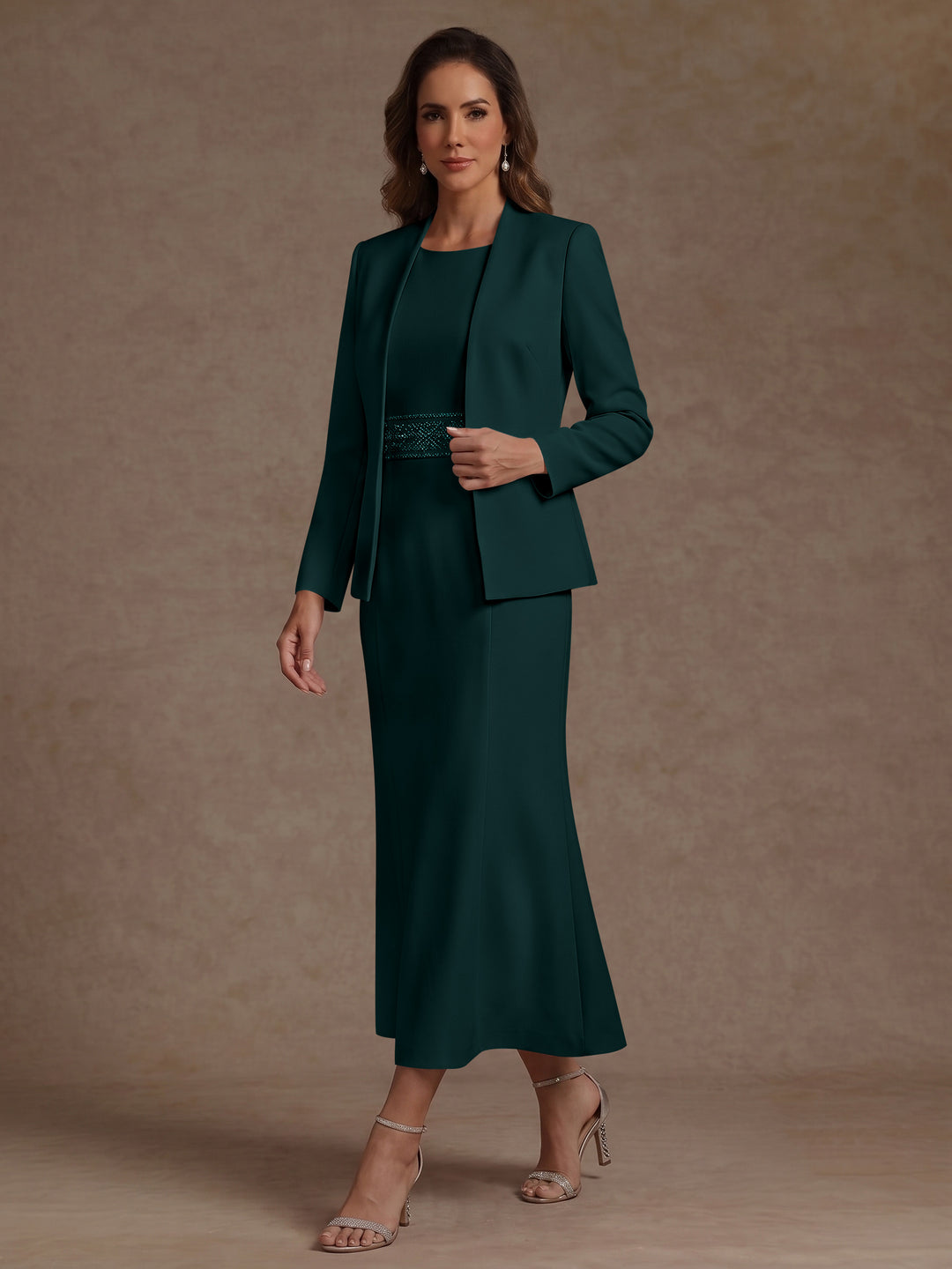 2 Pieces Sheath/Column Scoop Stretch Satin Mother of the Bride Dresses with Jacket Long Sleeves Tea-Length Sash