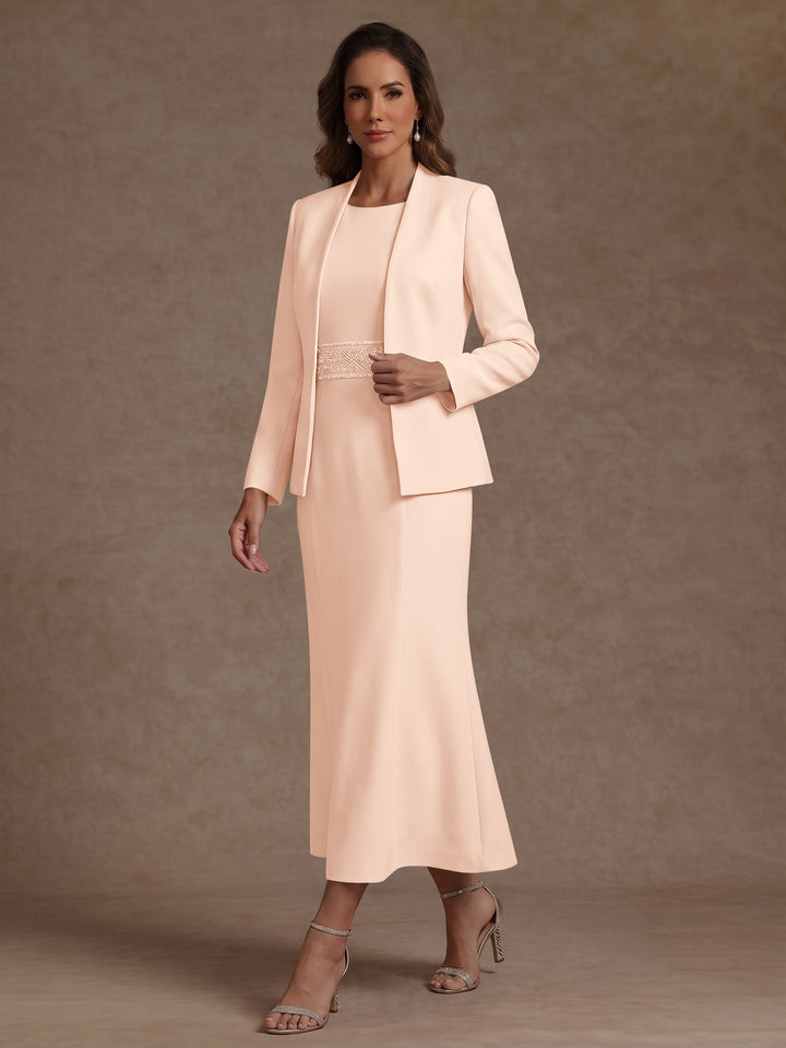 2 Pieces Sheath/Column Scoop Stretch Satin Mother of the Bride Dresses with Jacket Long Sleeves Tea-Length Sash