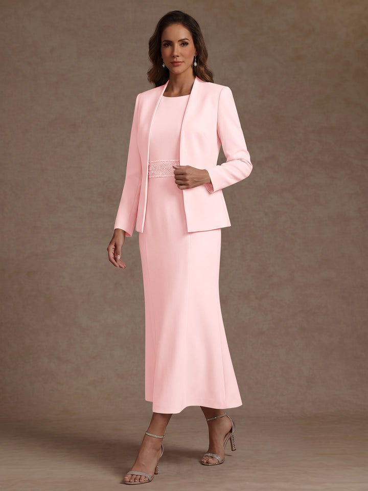 2 Pieces Sheath/Column Scoop Stretch Satin Mother of the Bride Dresses with Jacket Long Sleeves Tea-Length Sash