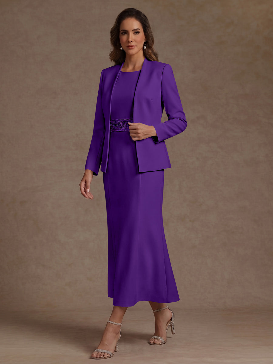 2 Pieces Sheath/Column Scoop Stretch Satin Mother of the Bride Dresses with Jacket Long Sleeves Tea-Length Sash