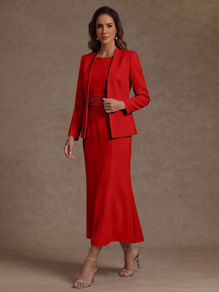 2 Pieces Sheath/Column Scoop Stretch Satin Mother of the Bride Dresses with Jacket Long Sleeves Tea-Length Sash