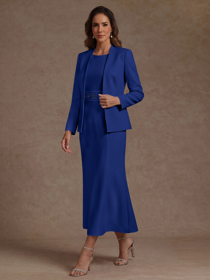 2 Pieces Sheath/Column Scoop Stretch Satin Mother of the Bride Dresses with Jacket Long Sleeves Tea-Length Sash