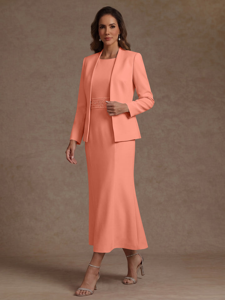 2 Pieces Sheath/Column Scoop Stretch Satin Mother of the Bride Dresses with Jacket Long Sleeves Tea-Length Sash