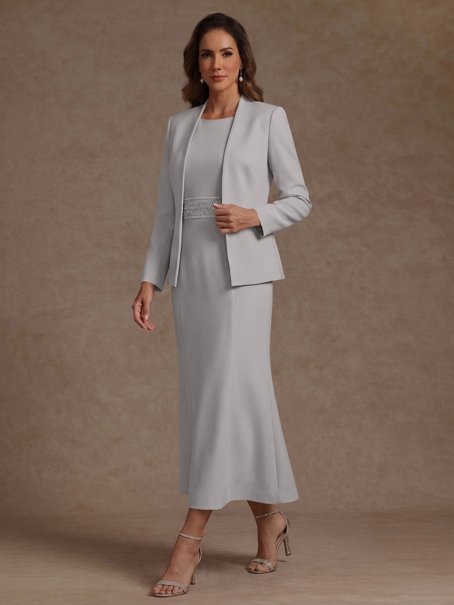 2 Pieces Sheath/Column Scoop Stretch Satin Mother of the Bride Dresses with Jacket Long Sleeves Tea-Length Sash