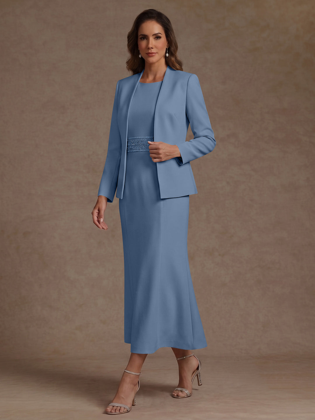 2 Pieces Sheath/Column Scoop Stretch Satin Mother of the Bride Dresses with Jacket Long Sleeves Tea-Length Sash