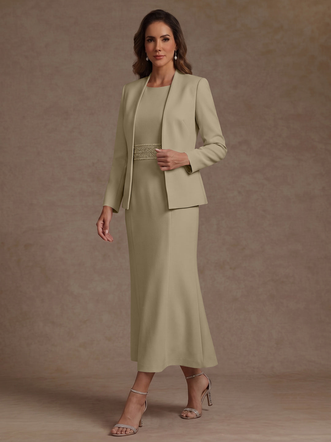 2 Pieces Sheath/Column Scoop Stretch Satin Mother of the Bride Dresses with Jacket Long Sleeves Tea-Length Sash