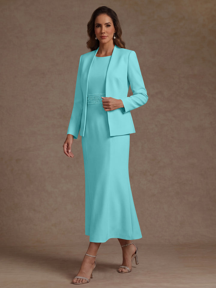 2 Pieces Sheath/Column Scoop Stretch Satin Mother of the Bride Dresses with Jacket Long Sleeves Tea-Length Sash