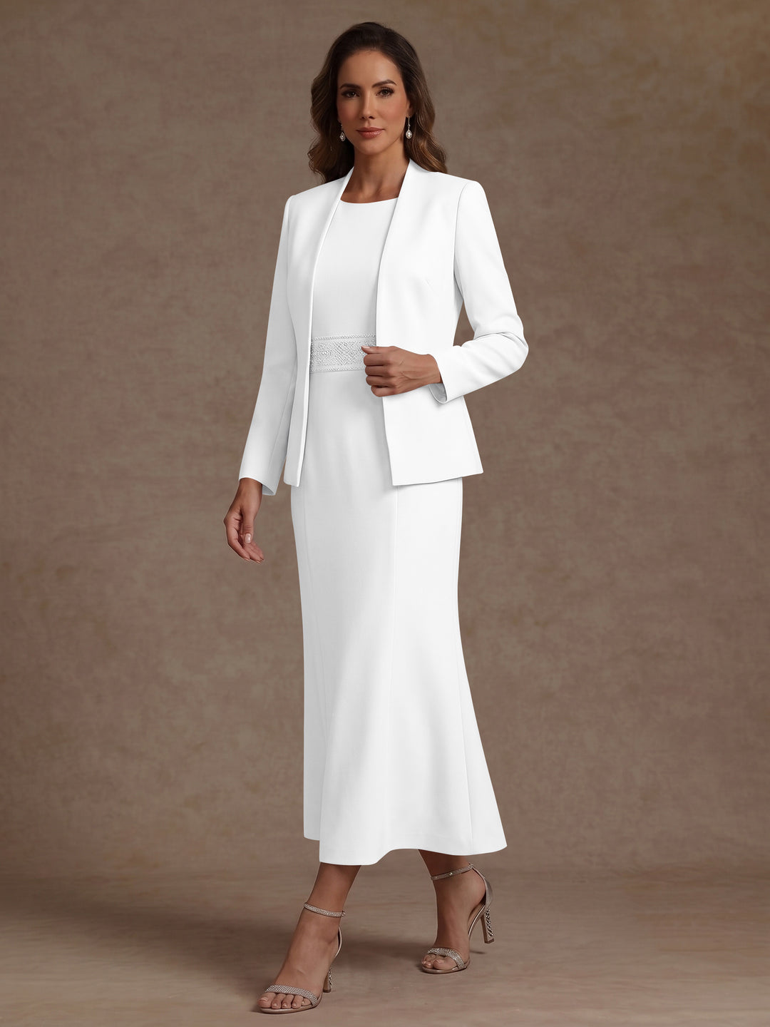 2 Pieces Sheath/Column Scoop Stretch Satin Mother of the Bride Dresses with Jacket Long Sleeves Tea-Length Sash