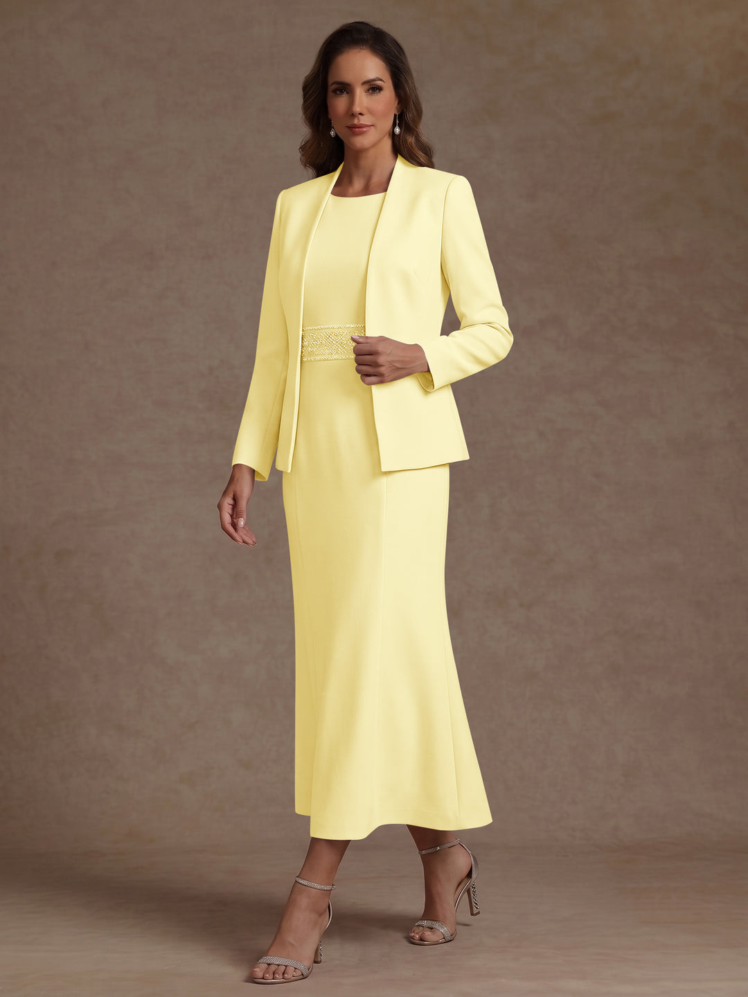 2 Pieces Sheath/Column Scoop Stretch Satin Mother of the Bride Dresses with Jacket Long Sleeves Tea-Length Sash
