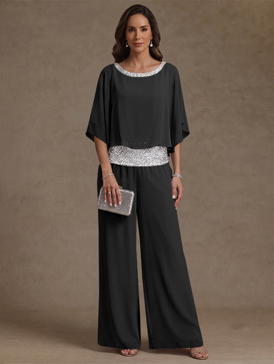 2 Pieces Chiffon Scoop Mother of the Bride Pantsuits Floor-Length Sequins 3/4 Sleeves