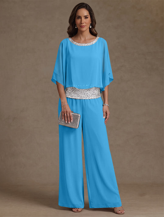 2 Pieces Chiffon Scoop Mother of the Bride Pantsuits Floor-Length Sequins 3/4 Sleeves