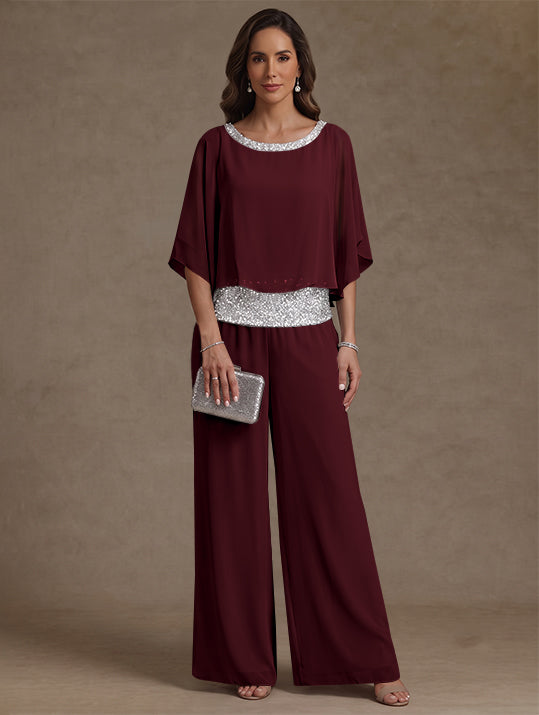 2 Pieces Chiffon Scoop Mother of the Bride Pantsuits Floor-Length Sequins 3/4 Sleeves