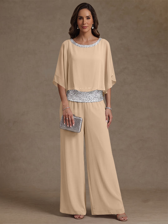 2 Pieces Chiffon Scoop Mother of the Bride Pantsuits Floor-Length Sequins 3/4 Sleeves