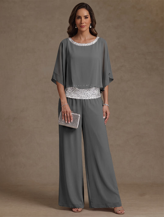 2 Pieces Chiffon Scoop Mother of the Bride Pantsuits Floor-Length Sequins 3/4 Sleeves