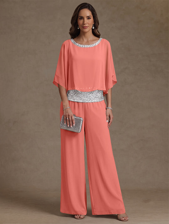 2 Pieces Chiffon Scoop Mother of the Bride Pantsuits Floor-Length Sequins 3/4 Sleeves