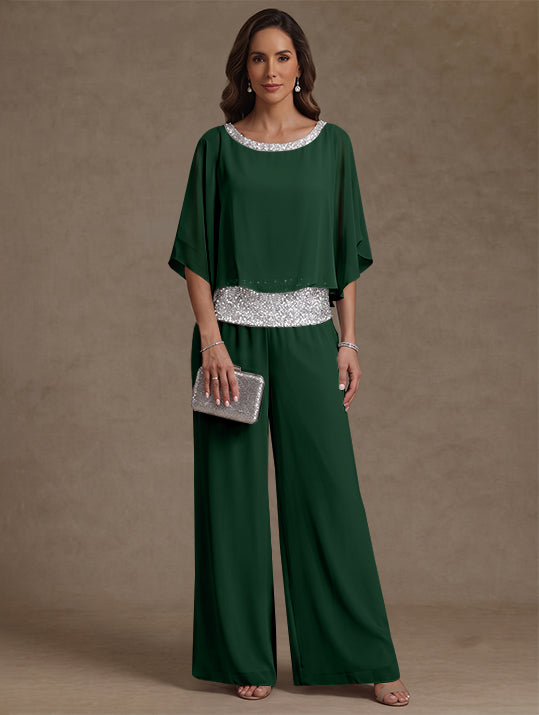2 Pieces Chiffon Scoop Mother of the Bride Pantsuits Floor-Length Sequins 3/4 Sleeves