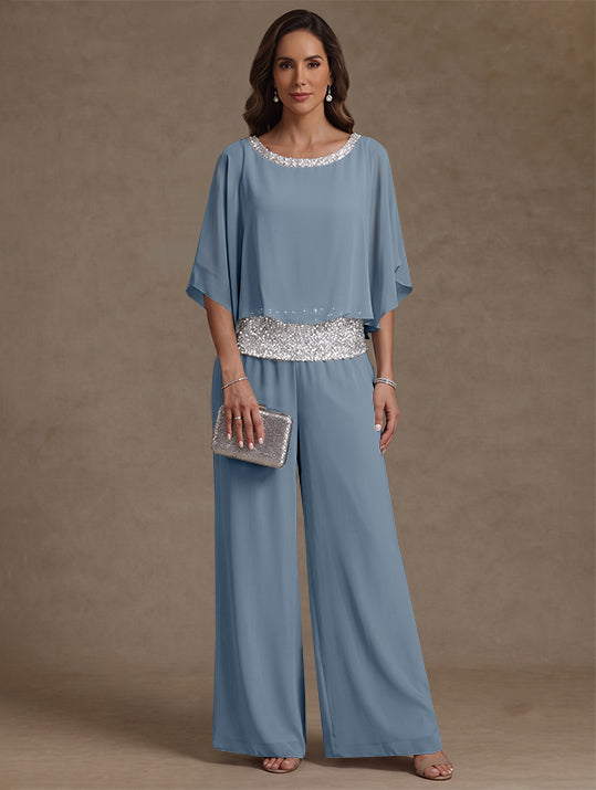 2 Pieces Chiffon Scoop Mother of the Bride Pantsuits Floor-Length Sequins 3/4 Sleeves